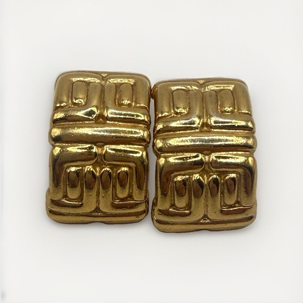 Vintage 1980's Givenchy Gold Tone Geometric Key Motif Half-Hoop Pierced Earrings